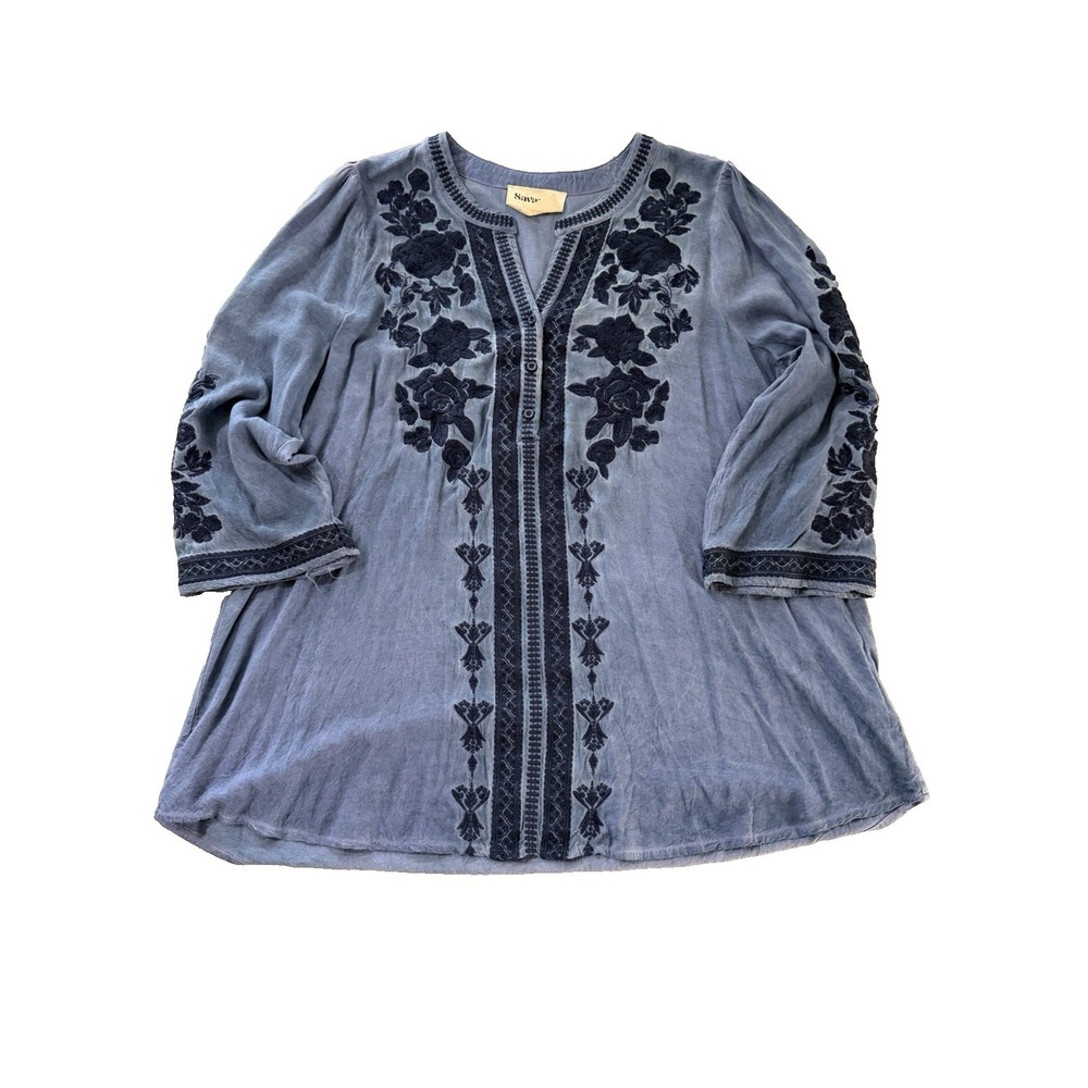 Savannah Jane Chambray Embroidered Tunic Top‎ Women's Size Large
